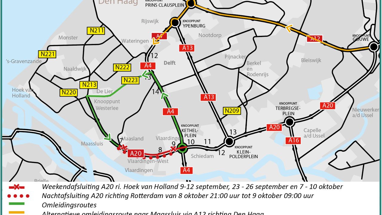 A20 richting Hoek van Holland dit weekend dicht
